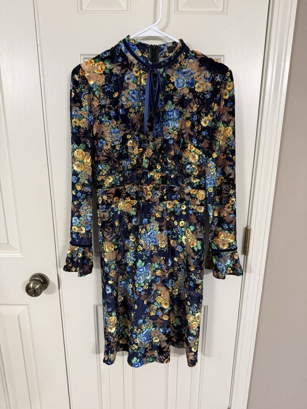 Dalia MacPhee Navy Yellow Floral Velvet Dress Size M